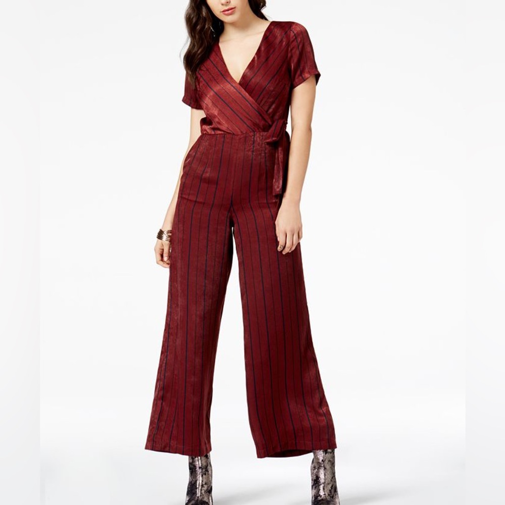 JOA Burgundy Red Striped Short-Sleeve Satin Jumpsuit - Size XS